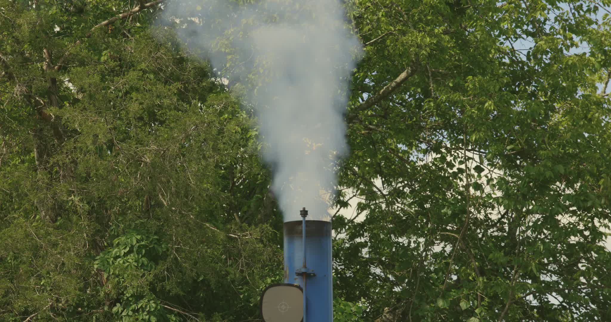 White smoke plume against trees